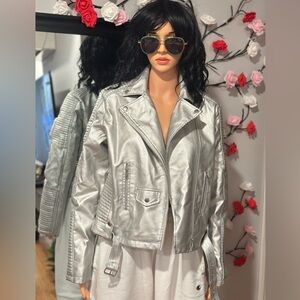 FASHION-NOVA  Metalic PU Leather Biker Jacket Insulated Autumn Winter Sz L NWT